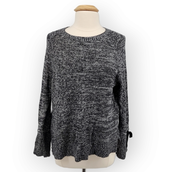 Loft Bow Statement Sleeve Sweater Cotton Round Neck Marled Black Knit Large - Picture 2 of 14